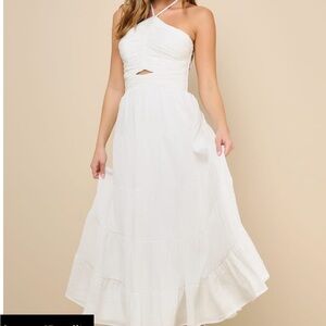 Lulus white ruched lace up tiered midi dress